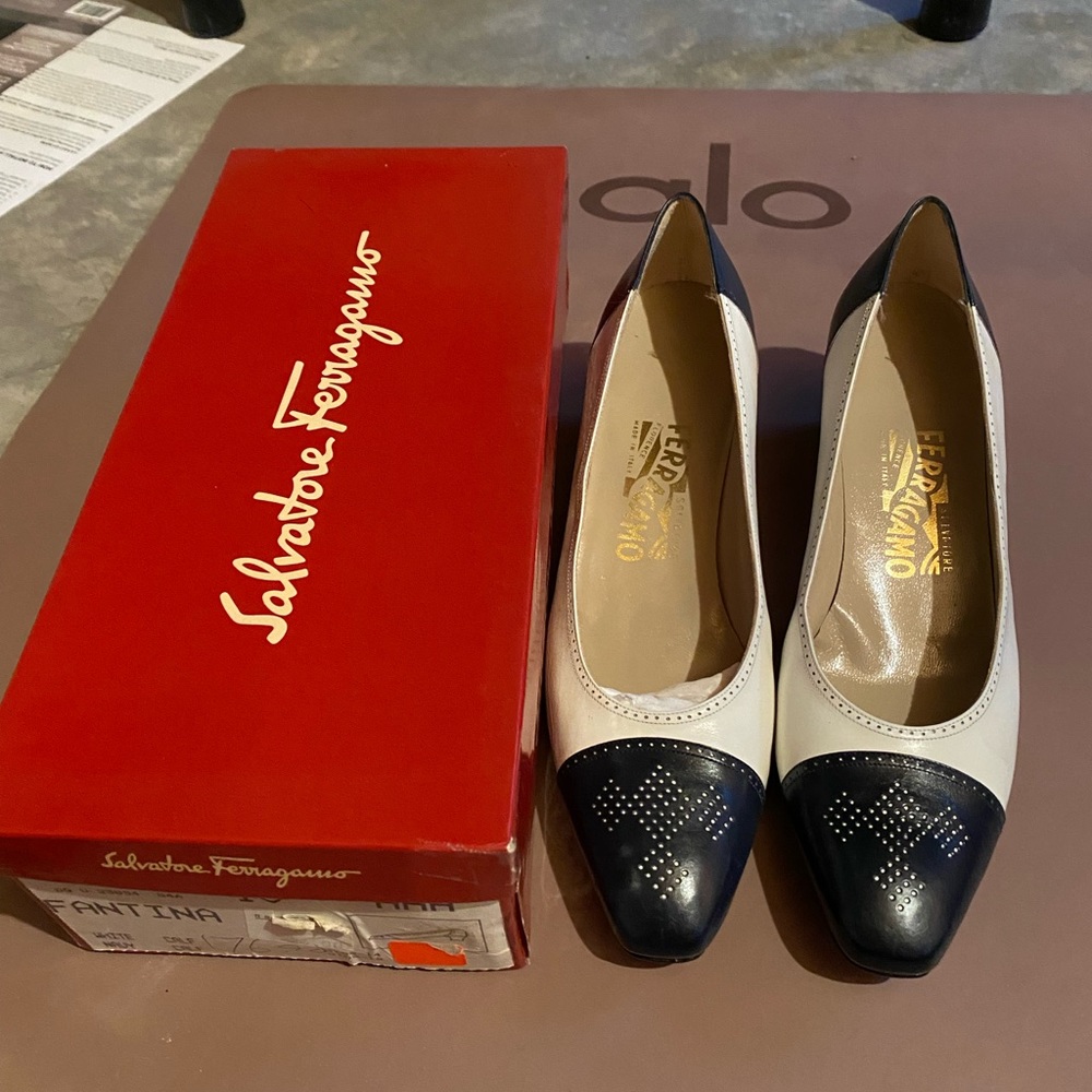 Salvatore Ferragamo white and black heels